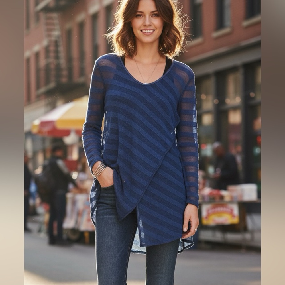 Free People We The Free Faux Wrap Striped Knit Blue Tunic Top